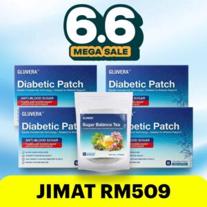 PAKEJ SEMBUH PROMO ( 3 KOTAK GLUVERA DIABETIC PATCH + FREE 1 KOTAK + 1 GLUVERA TEA )